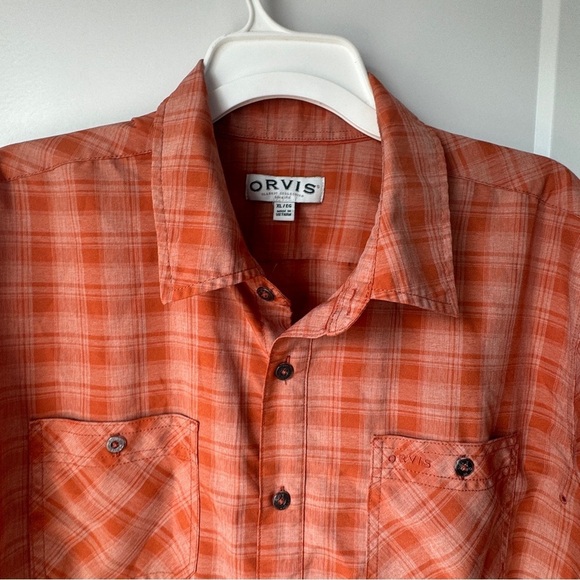 Orvis Men's Short Sleeve Tech Shirt XL Orange Plaid Quick Dry UPF30+ Polyester - Picture 11 of 13